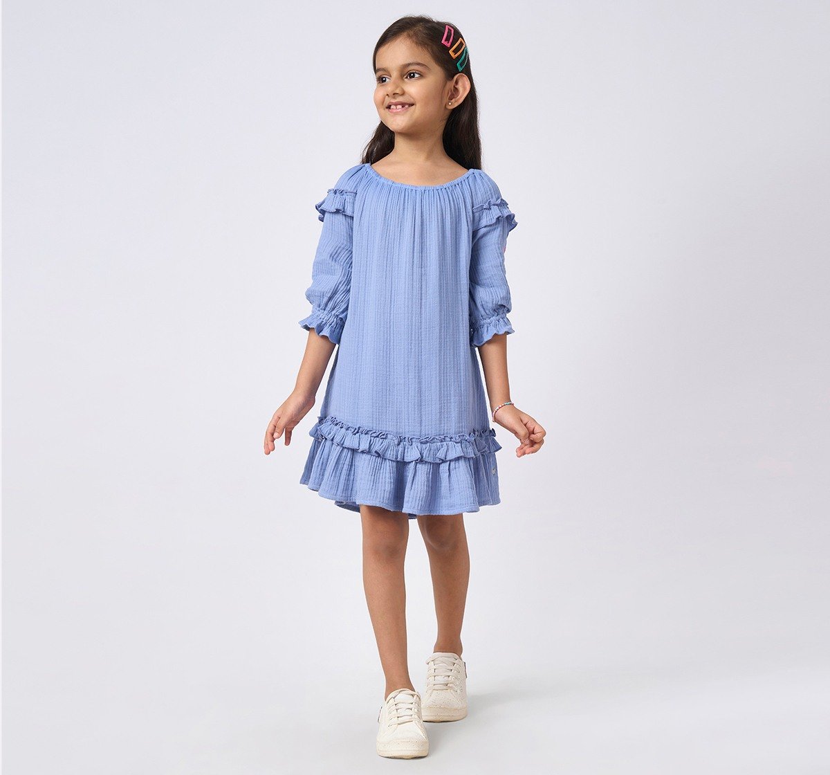 Girls Embroidered Long Sleeves Dress Blue