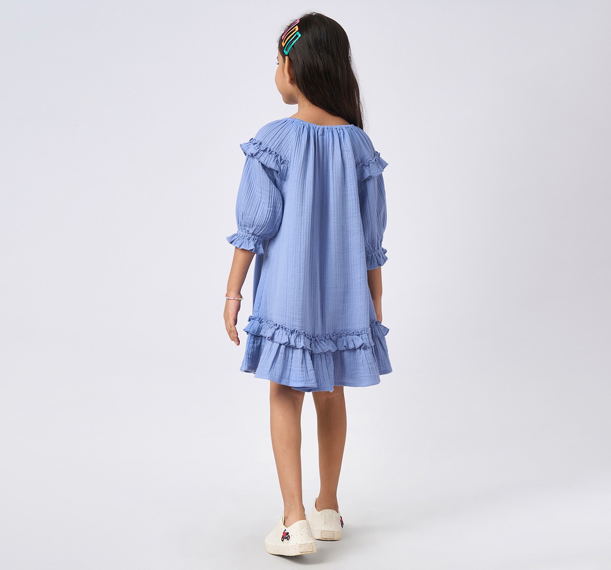 Girls Embroidered Long Sleeves Dress Blue