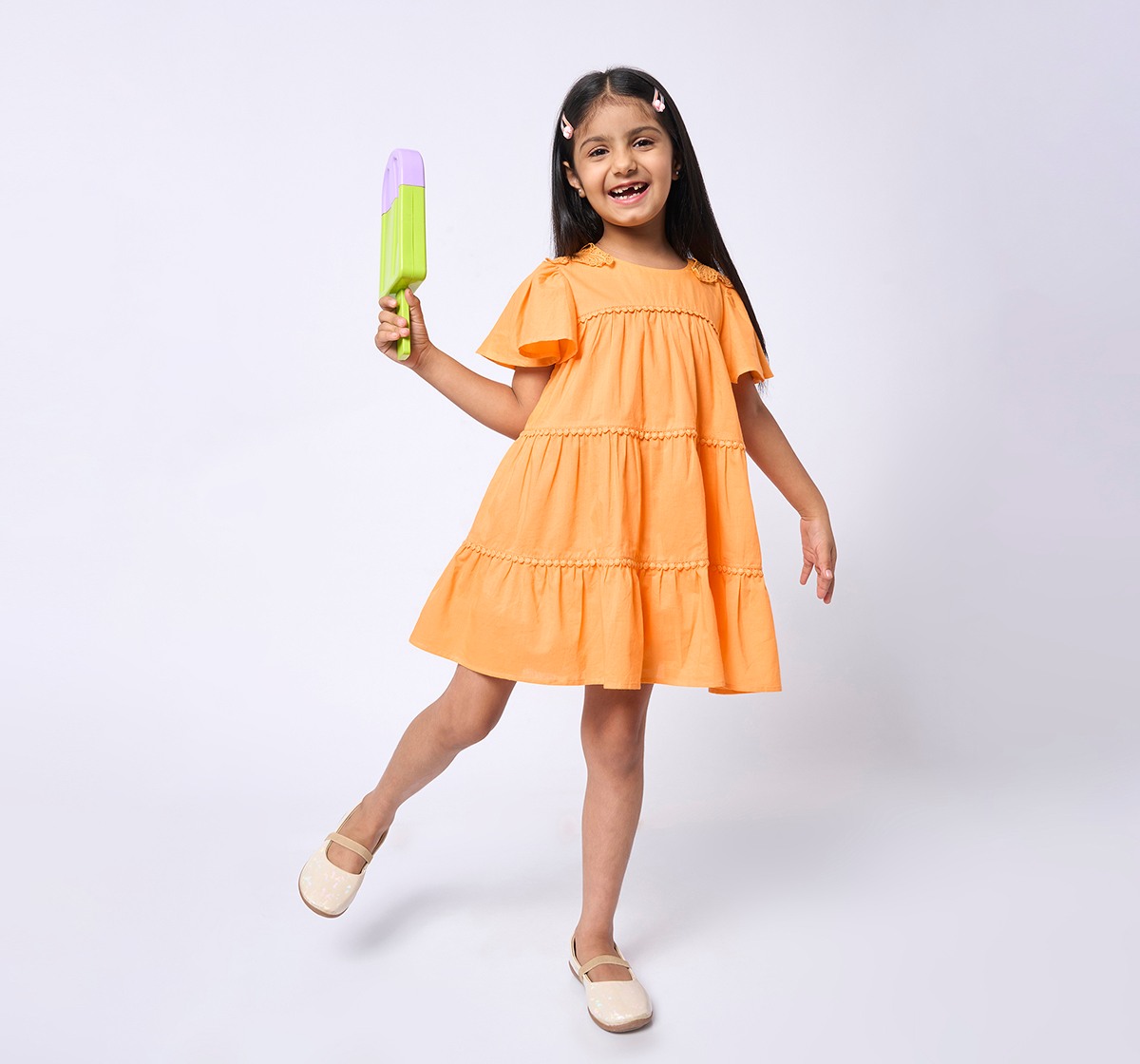 Girls Short Sleeves Dress Orange