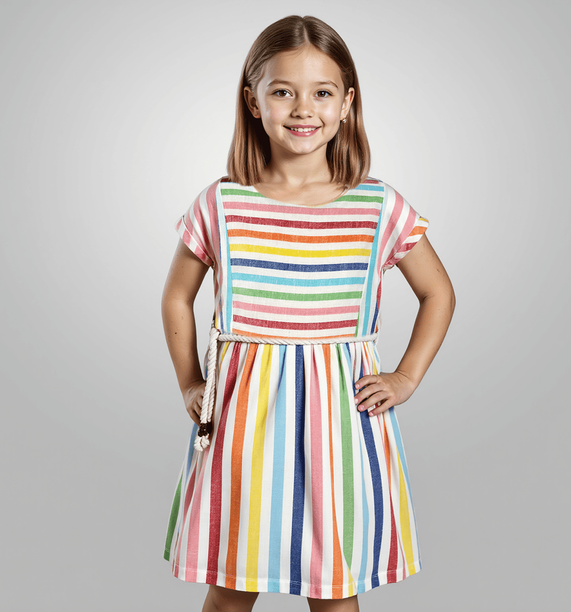 Girls Stripe Dress With Drawcord Multicolor