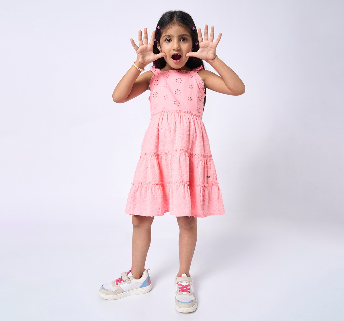 Girls Tiered Schiffli Dress Peach