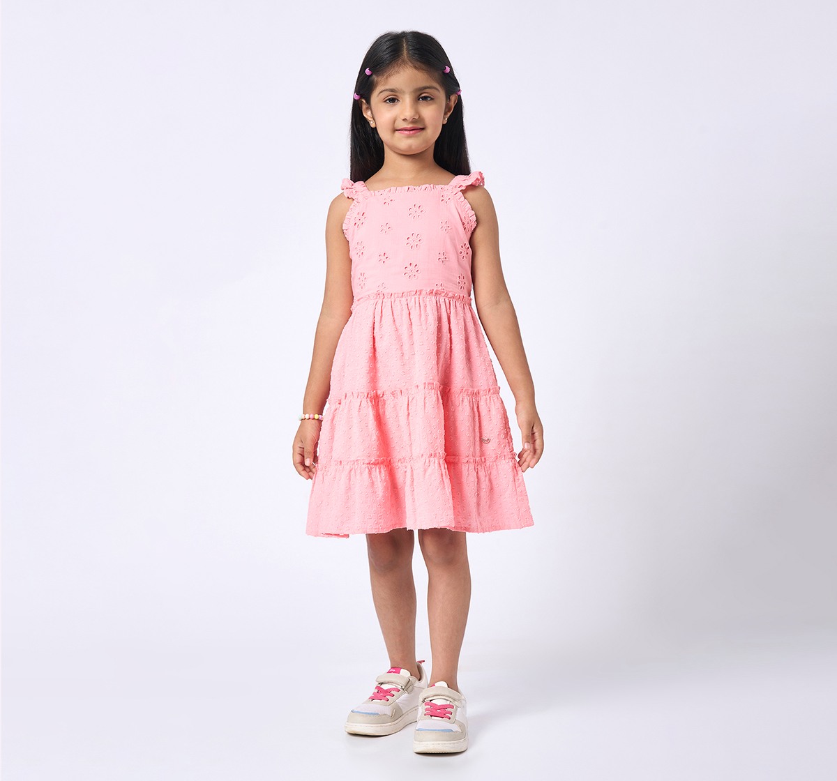 Girls Tiered Schiffli Dress Peach