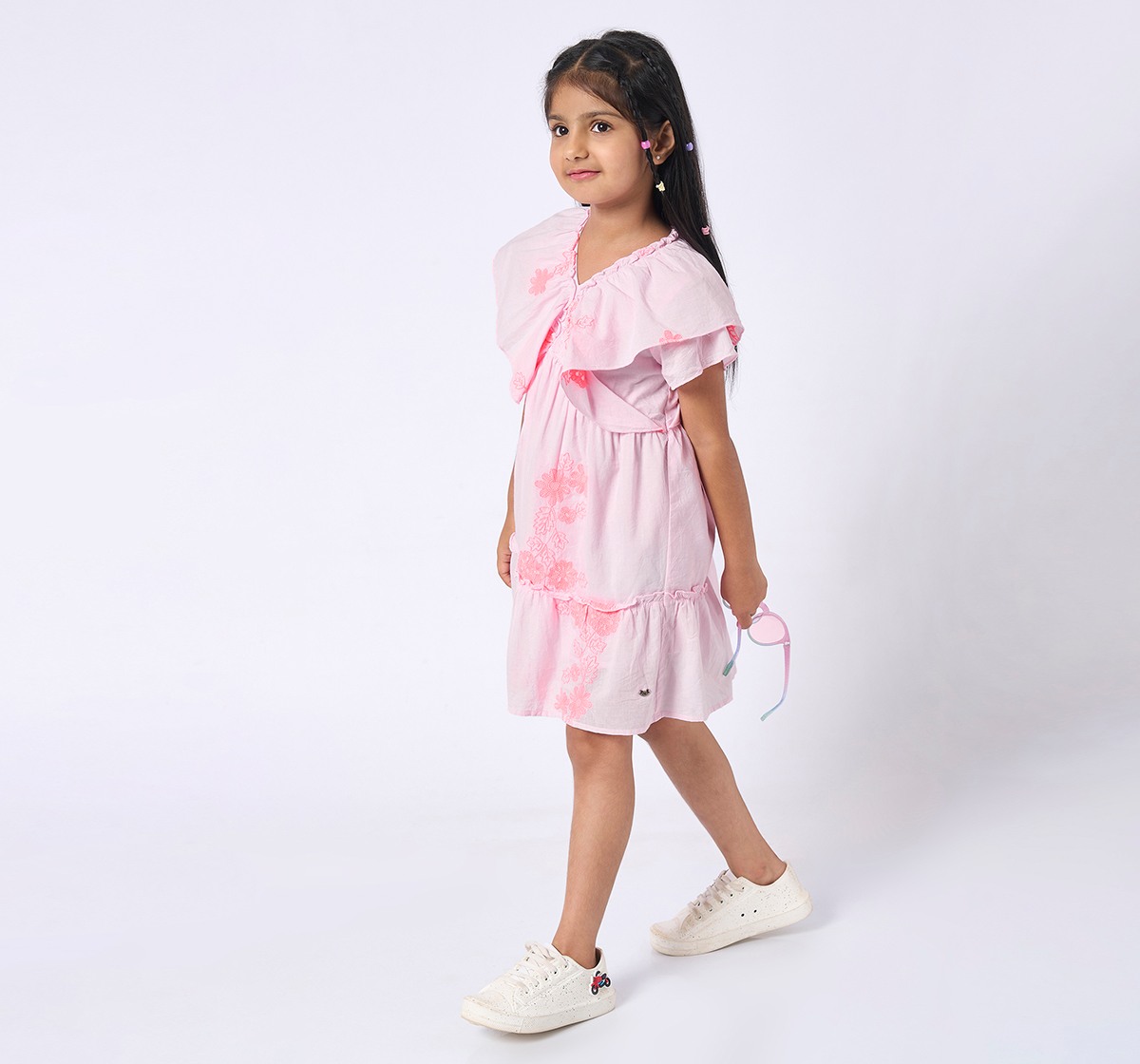 Girls Floral Embroidered Dress Pink