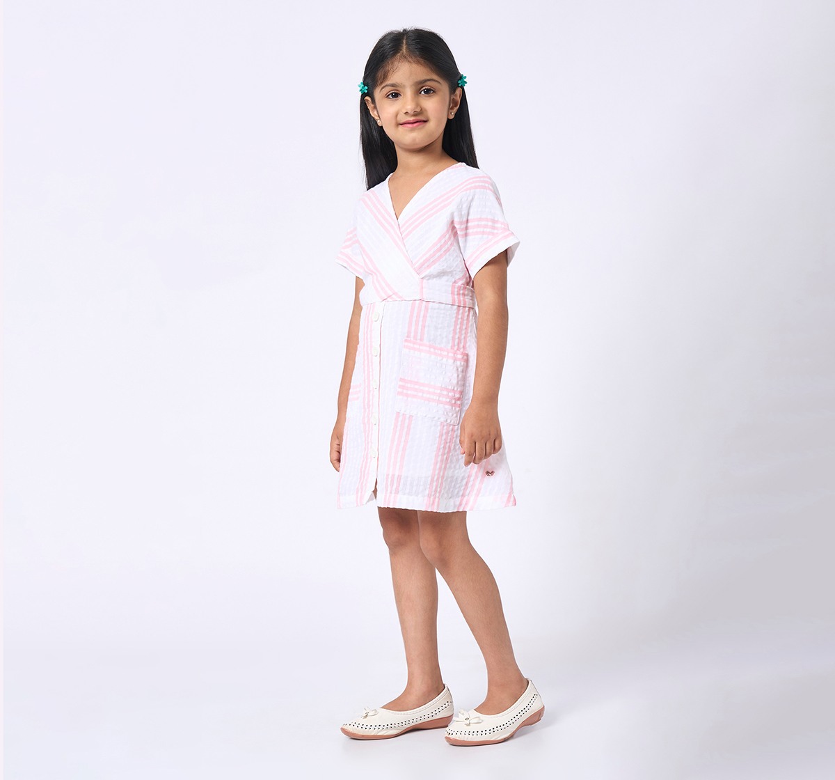 Girls Striped Short Sleeves Dress Multicolor