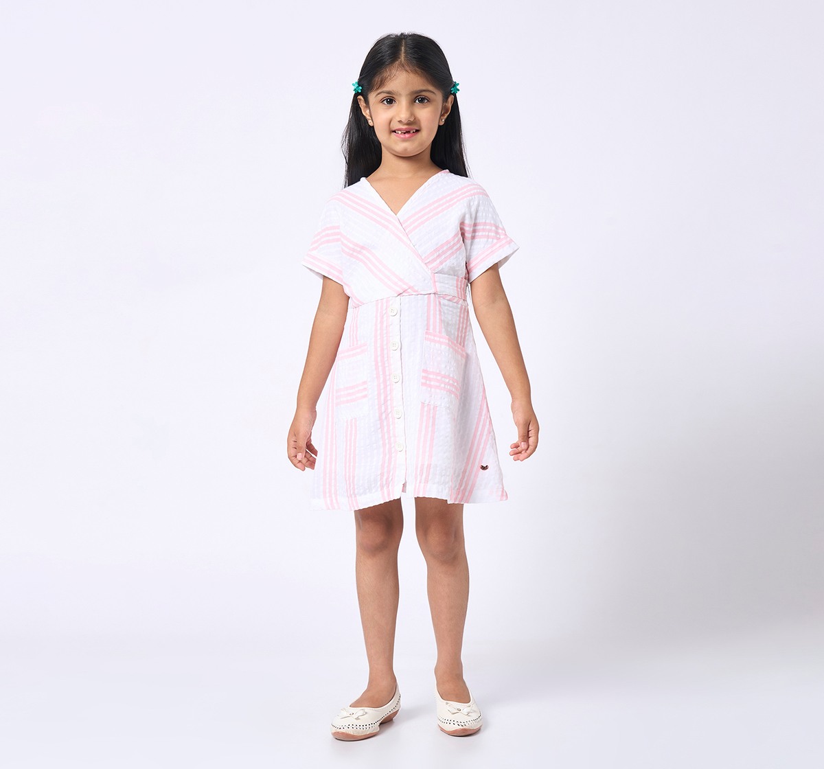 Girls Striped Short Sleeves Dress Multicolor