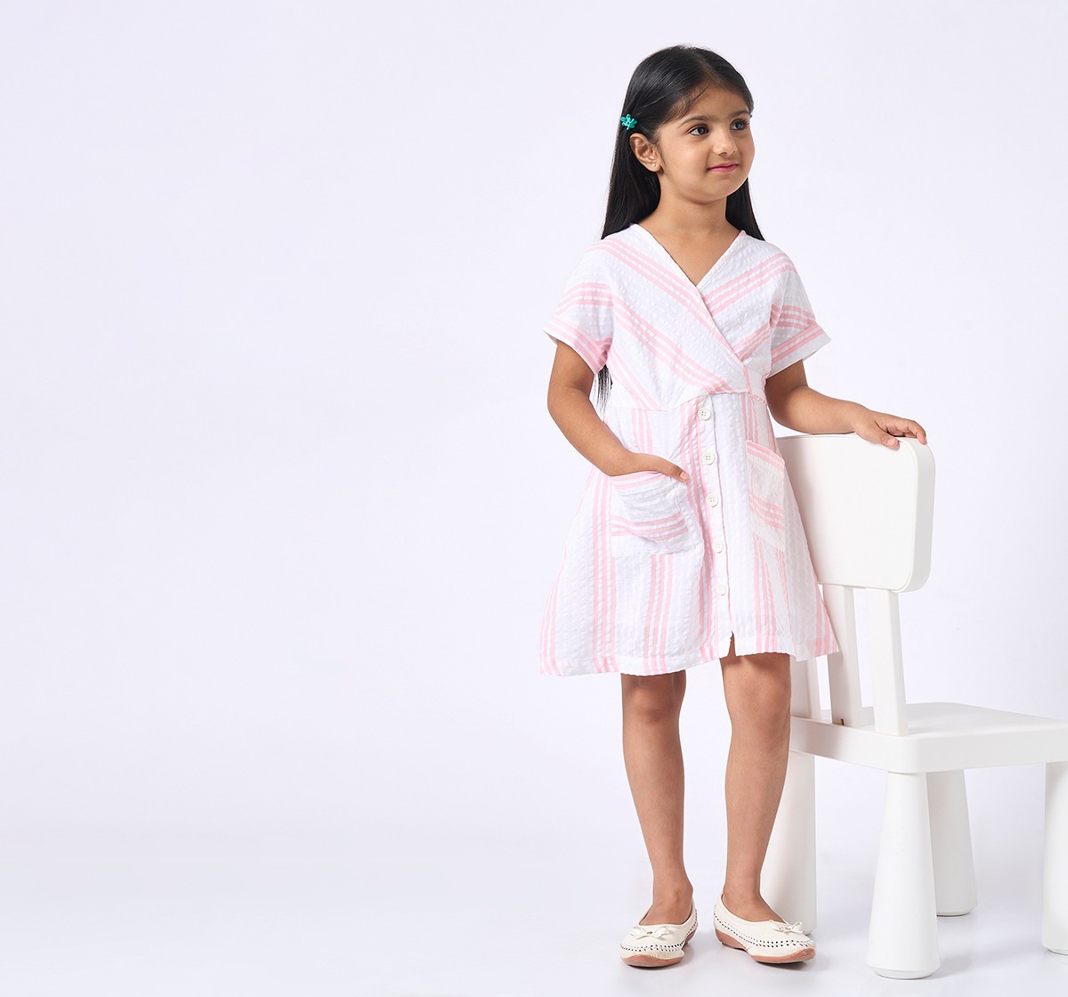 Girls Striped Short Sleeves Dress Multicolor