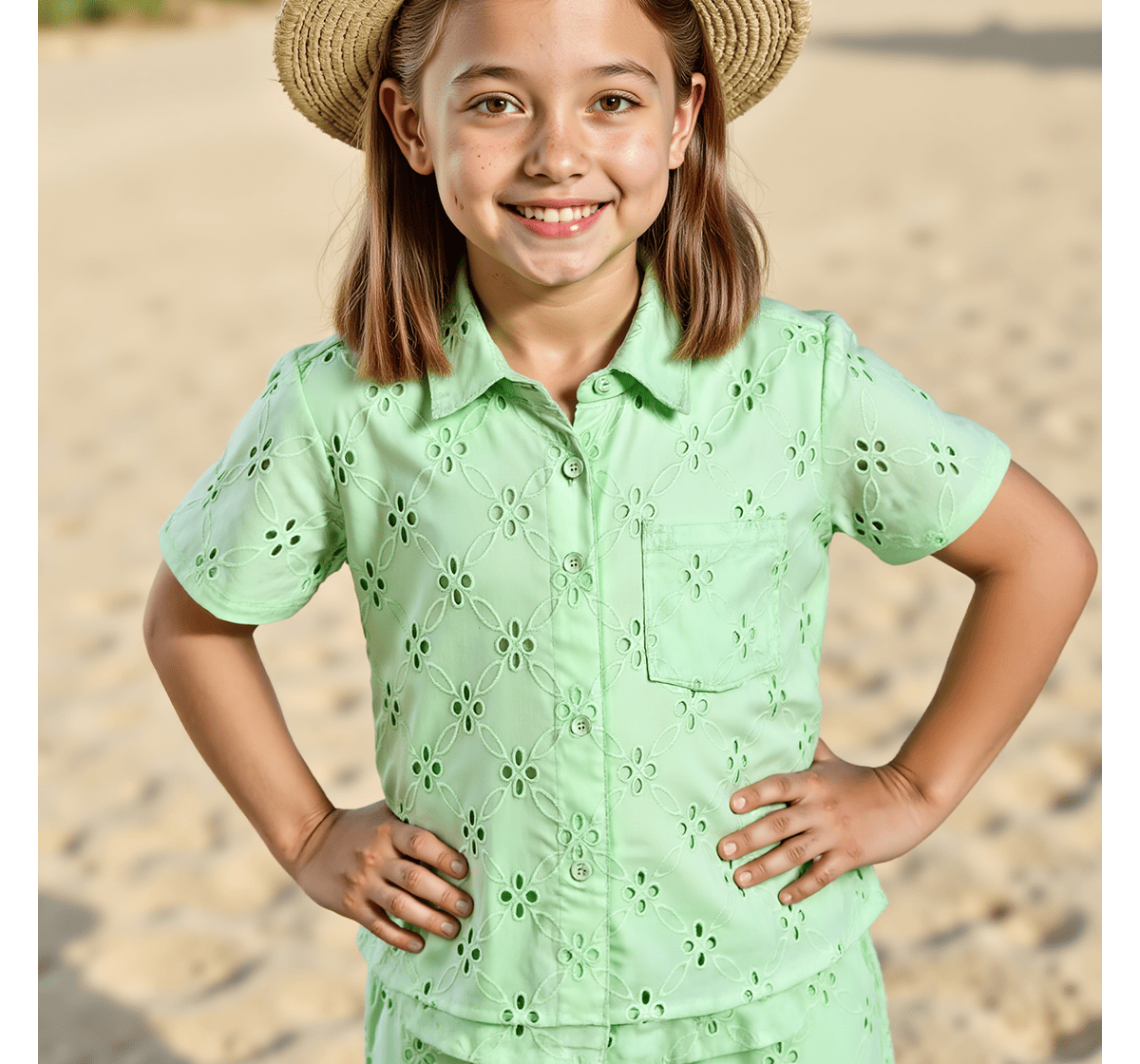 Girls embroidered shirt & shorts clothing sets Green