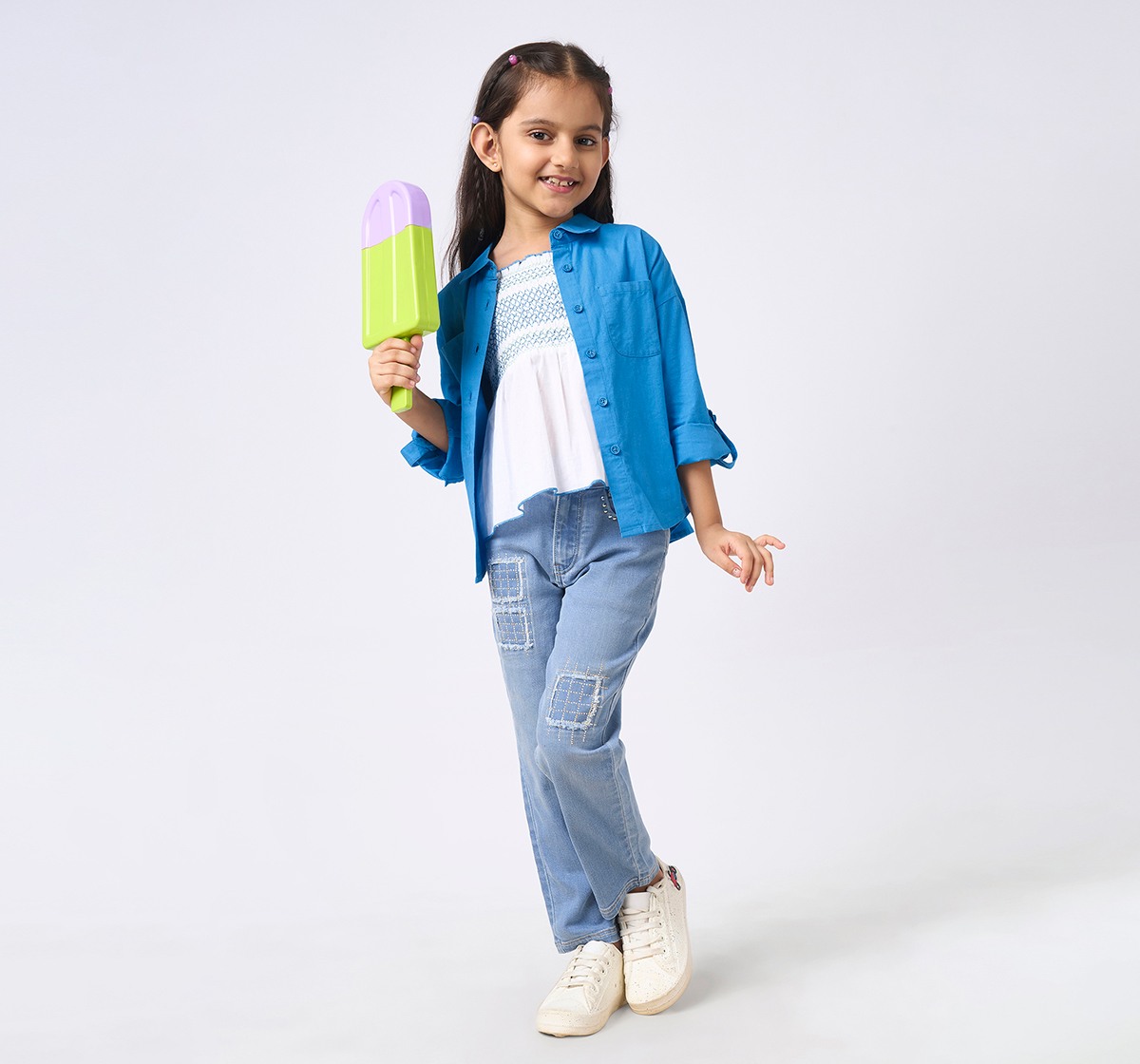 Girl  Solid Tops white+ blue