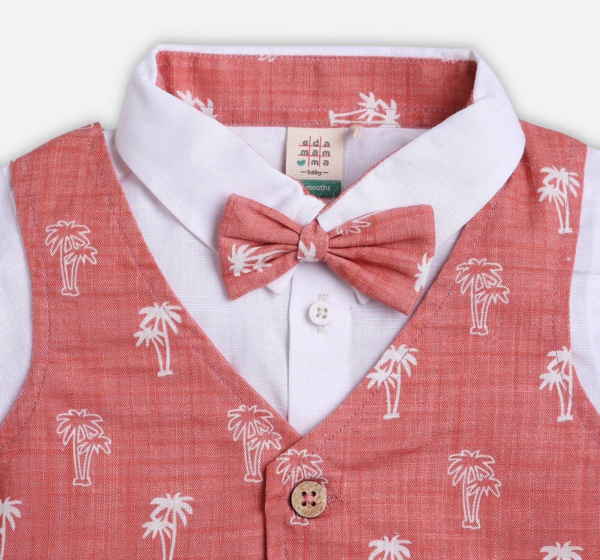 Infant Boys Printed Shirt, Shorts & Waist Coat With Bow Partywear Set