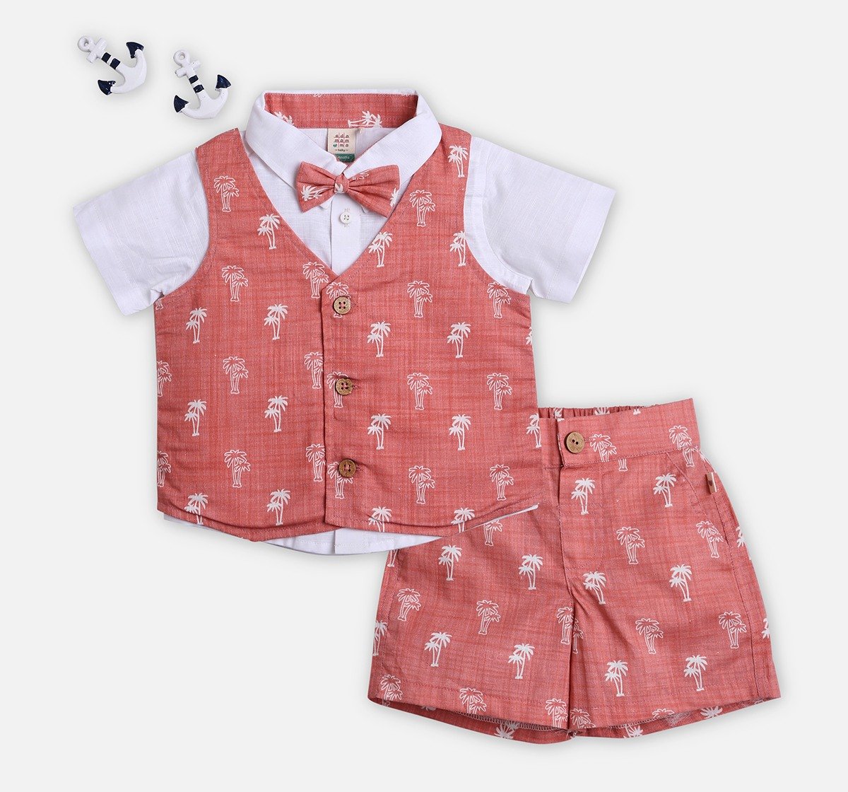 Infant Boys Printed Shirt, Shorts & Waist Coat With Bow Partywear Set