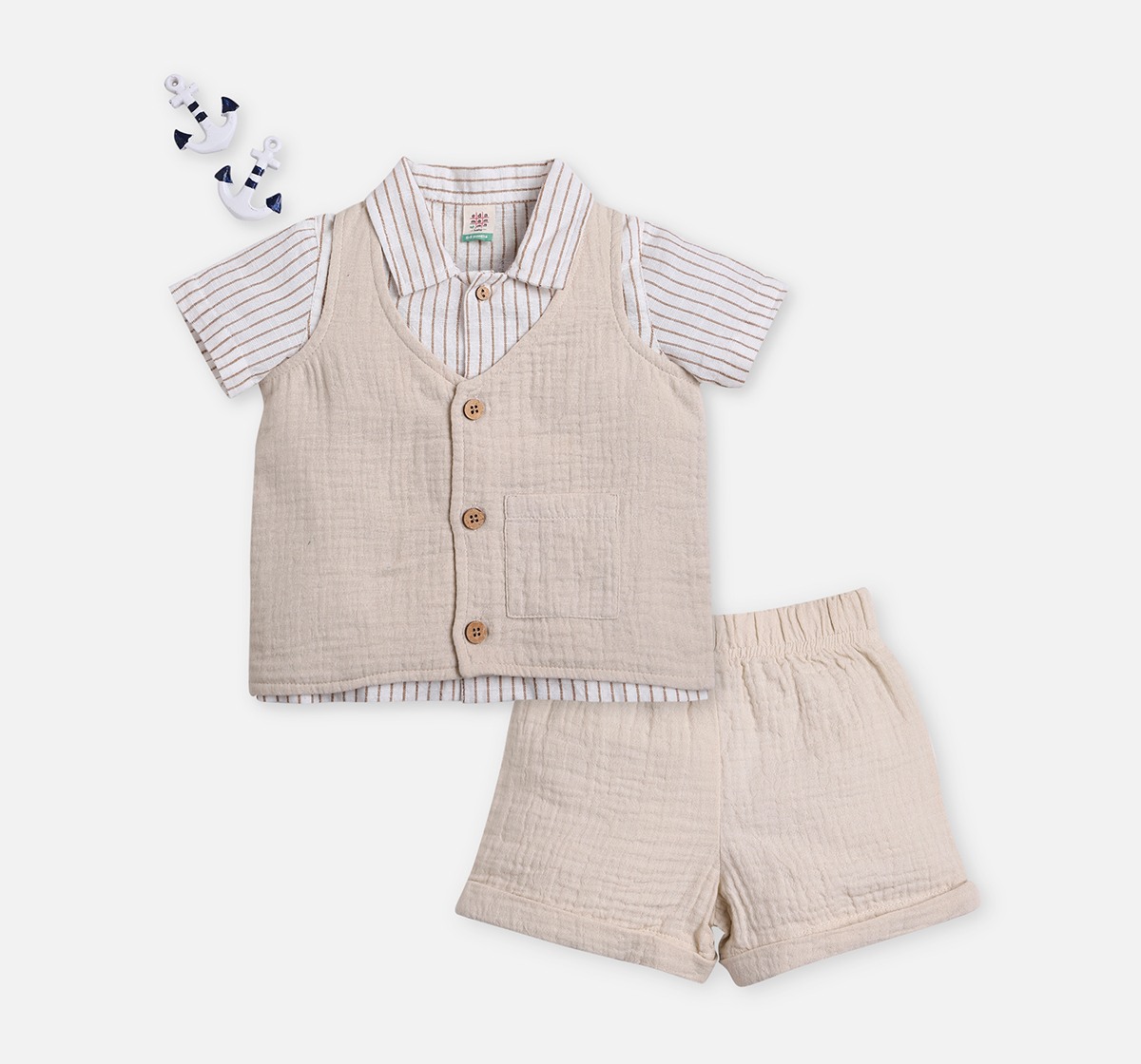 Infant Boys Printed Shirt, Shorts & Waist Coat With Bow Partywear Set