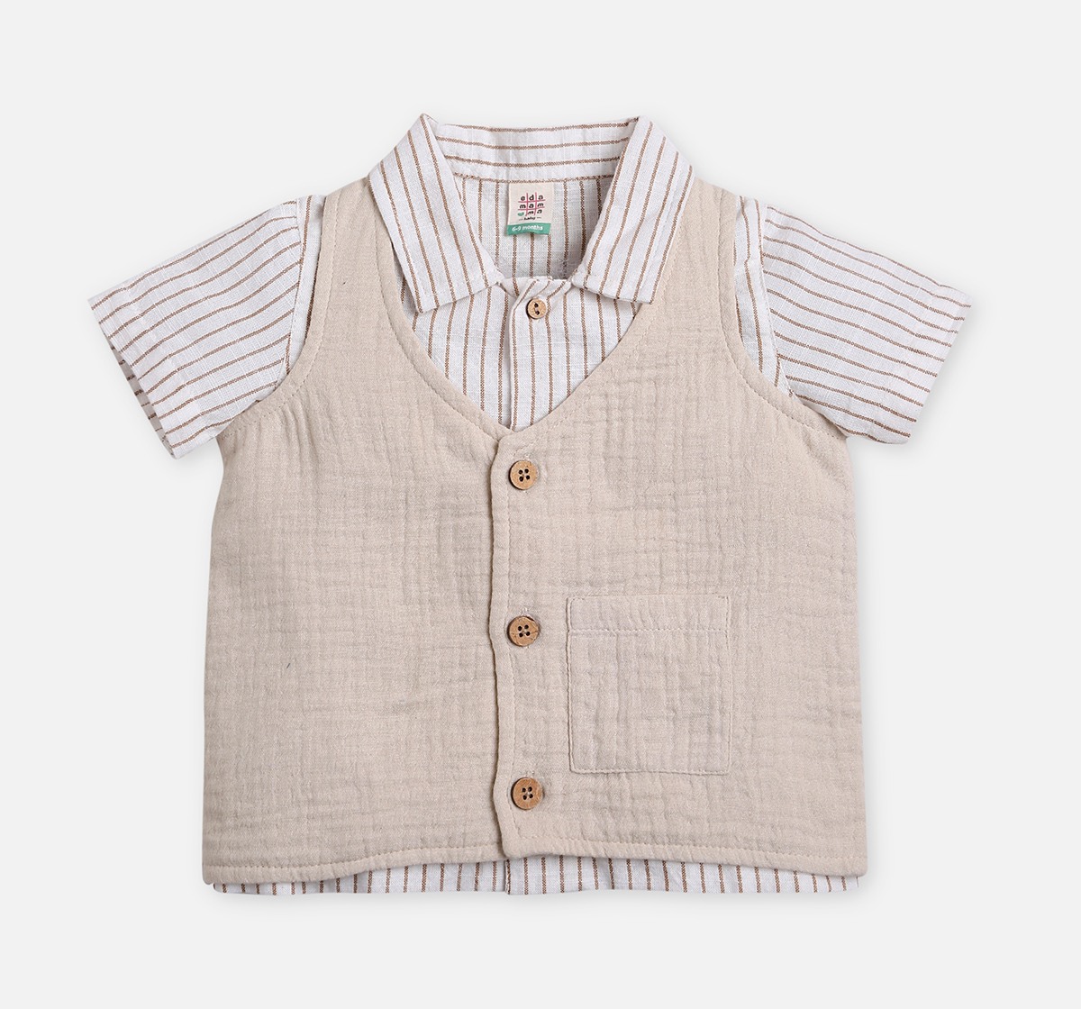 Infant Boys Printed Shirt, Shorts & Waist Coat With Bow Partywear Set