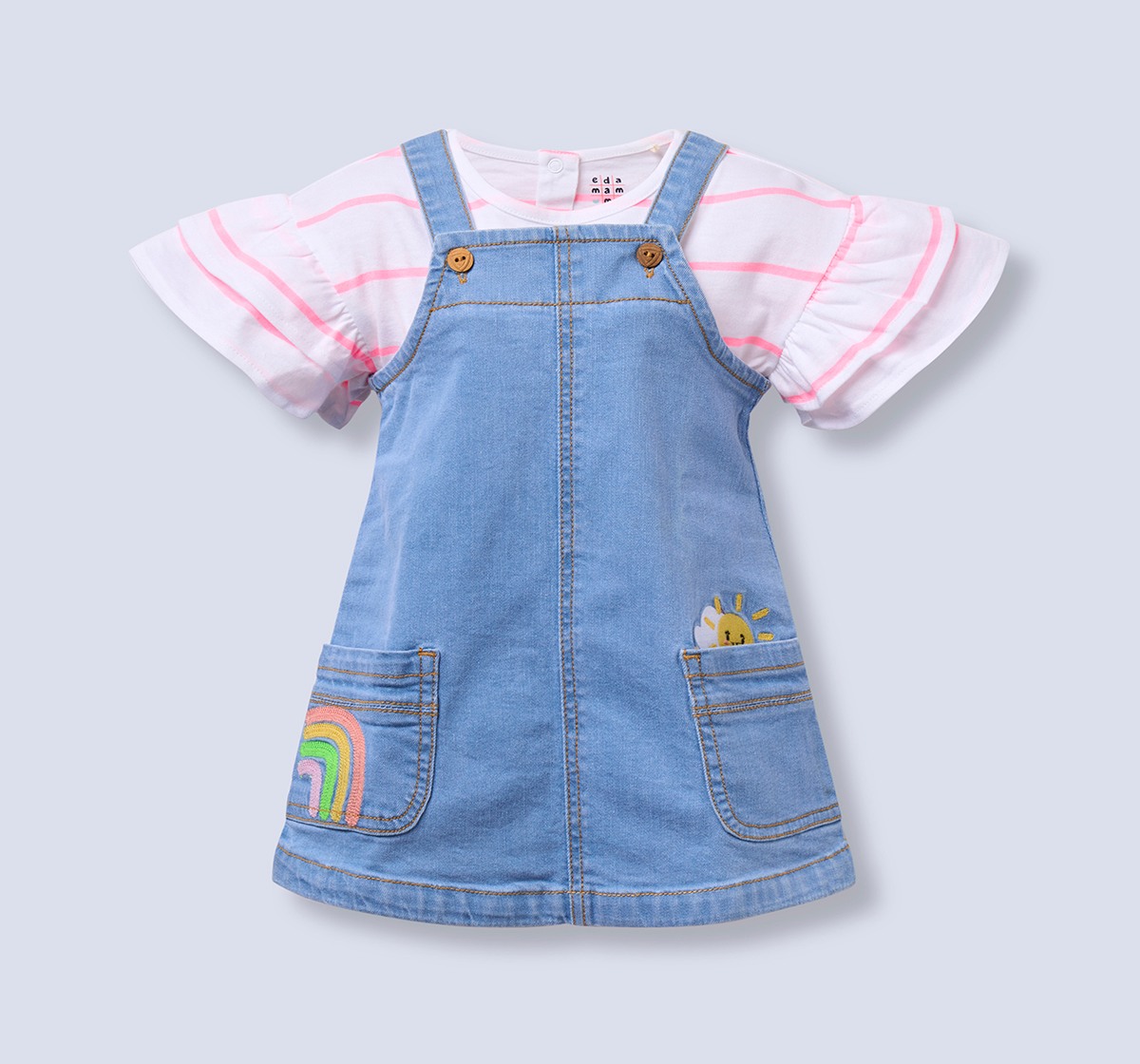 Infant Girls  DENIM DUNGAREE DRESS & RIB TEE  MULTI