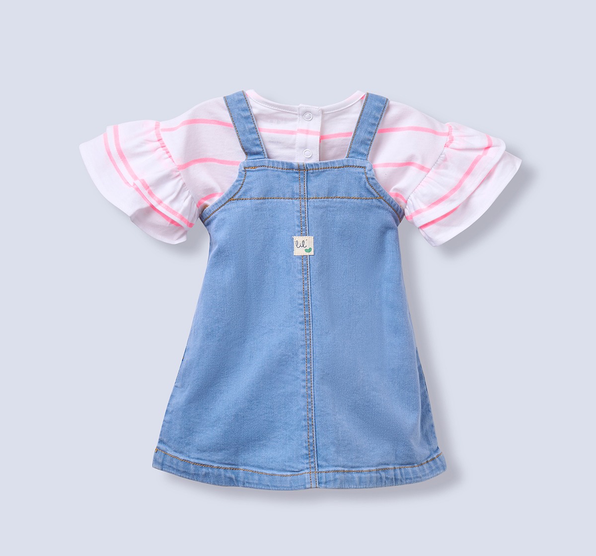 Infant Girls DENIM DUNGAREE DRESS & RIB TEE MULTI
