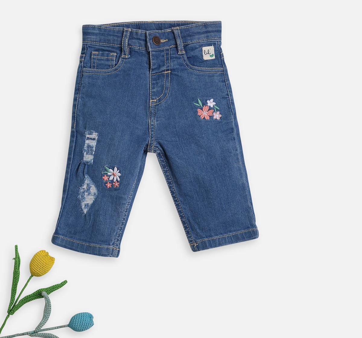 Infant Girls Floral Print Denim Jeans Blue