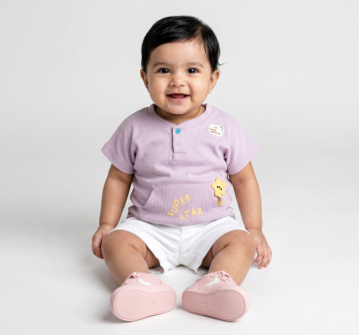 Infant Unisex Lilac "Super Star" Henley T-Shirt with Textured Pocket