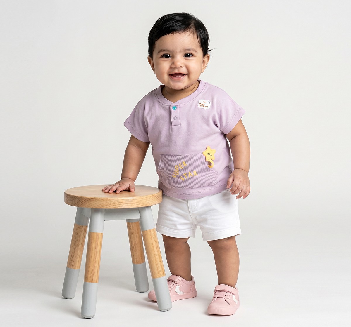 Infant Unisex Lilac "Super Star" Henley T-Shirt with Textured Pocket