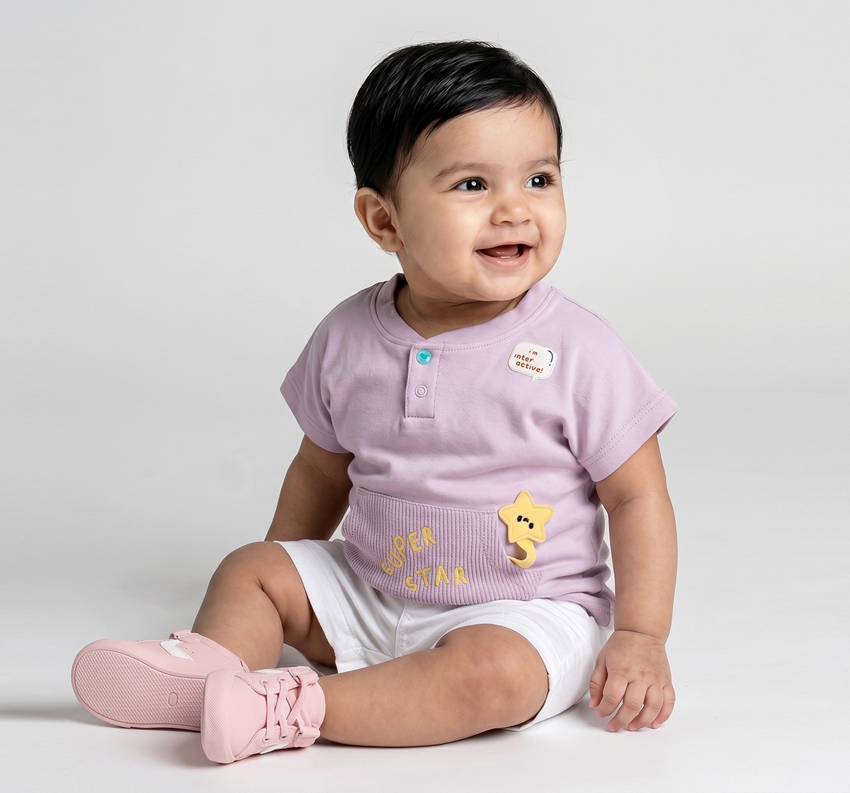 Infant Unisex Lilac "Super Star" Henley T-Shirt with Textured Pocket