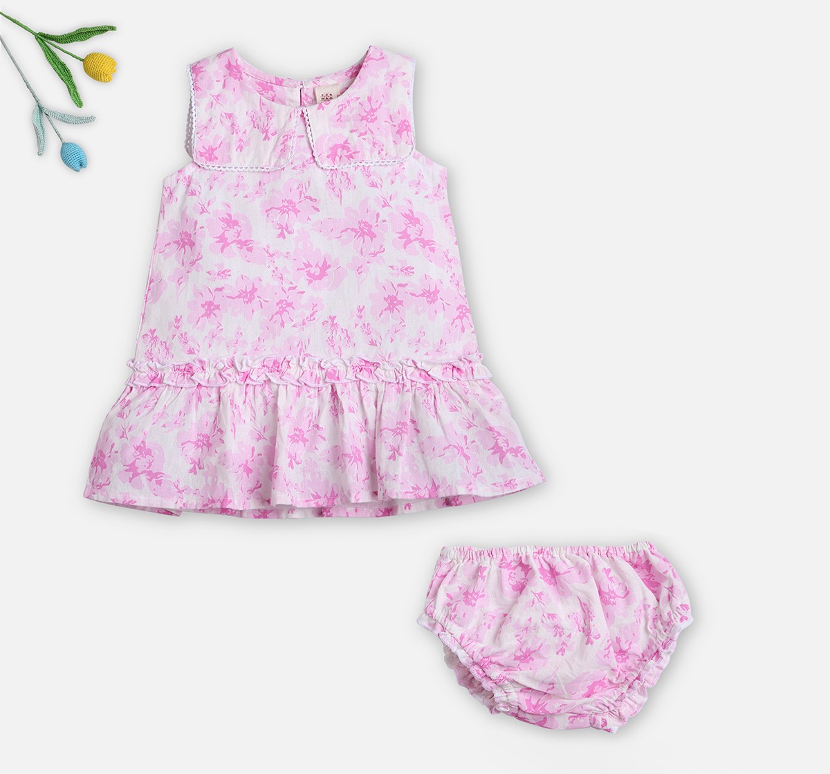 Infant Girls Printed Dress with Bloomer Multicolor