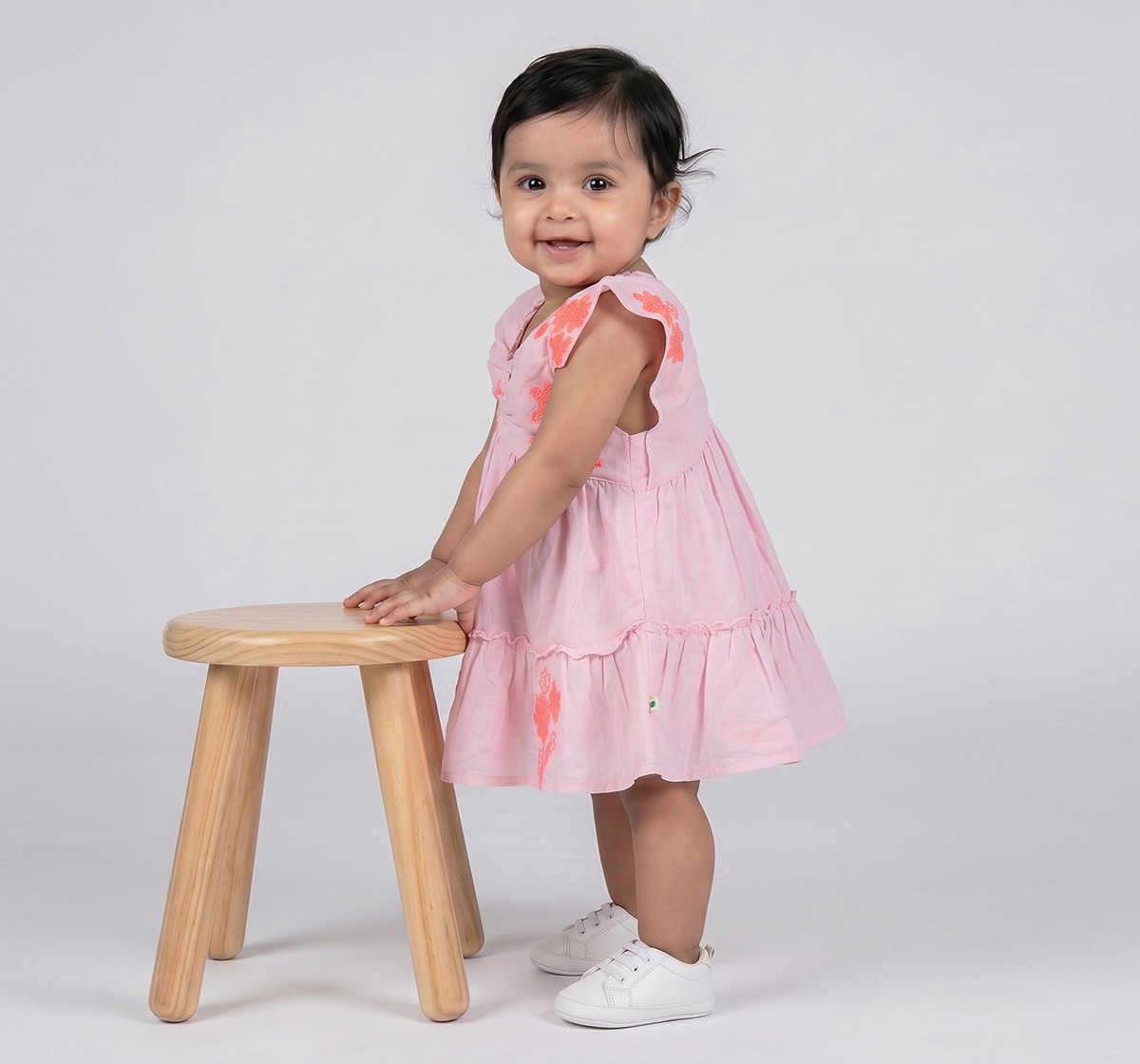 Infant Girls Pink Floral Embroidered Ruffle Dress with Bloomers