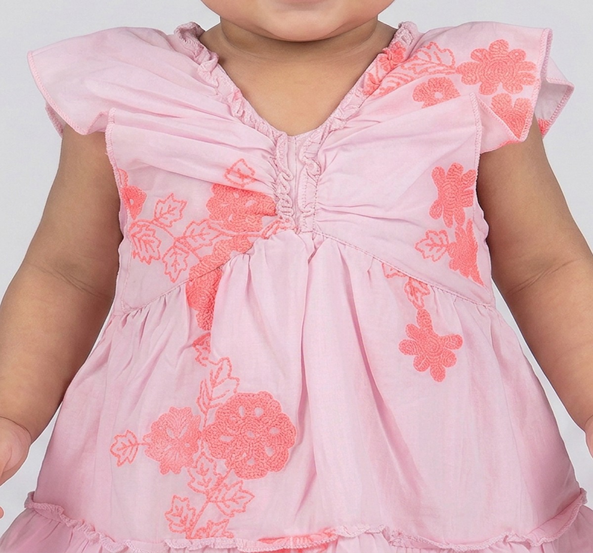 Infant Girls Pink Floral Embroidered Ruffle Dress with Bloomers