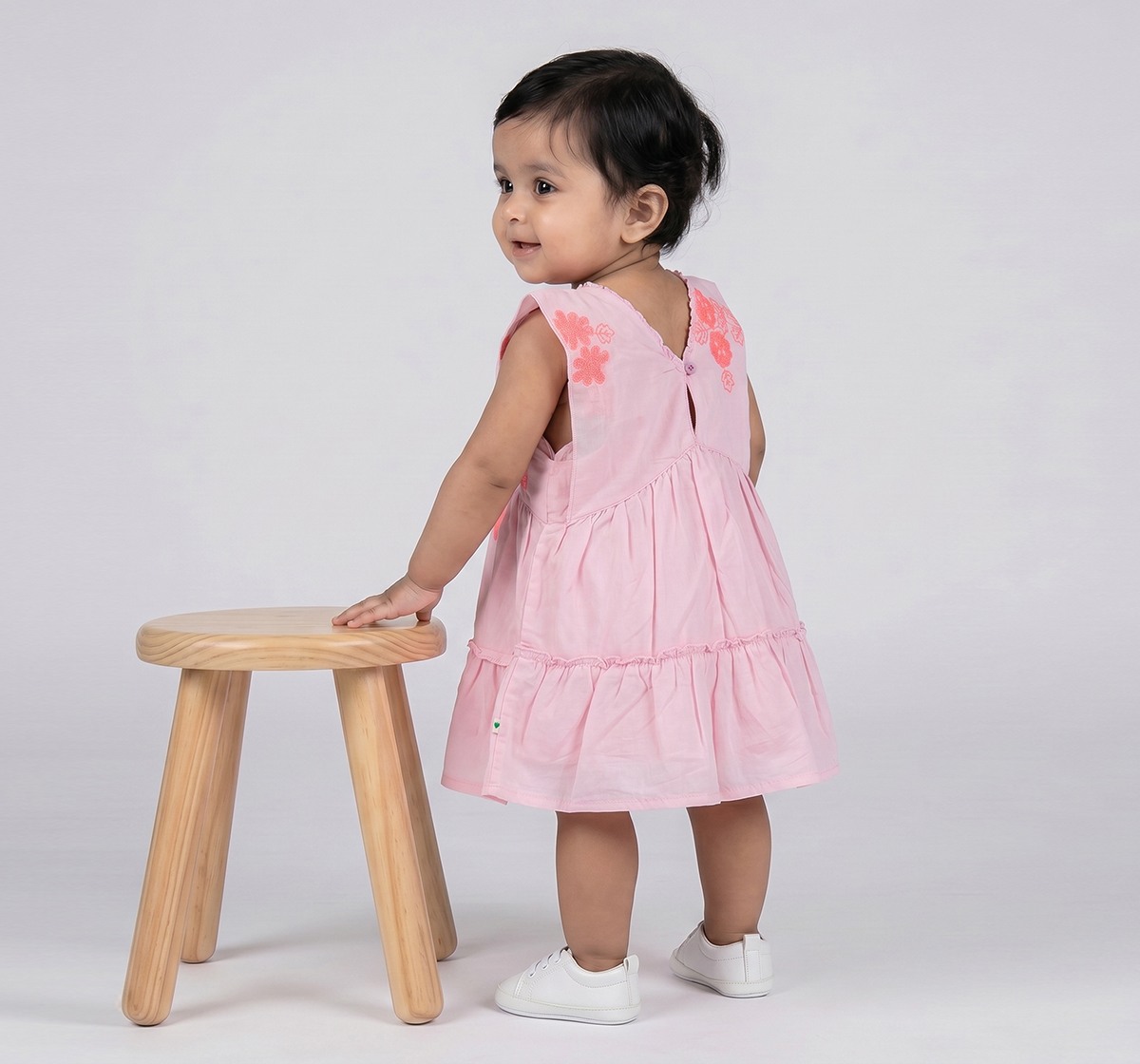 Infant Girls Pink Floral Embroidered Ruffle Dress with Bloomers