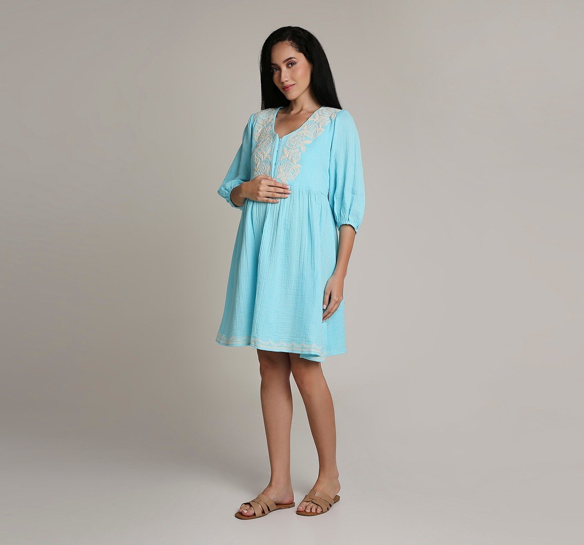 Ed-a-Mamma Embroidered Maternity Dress - Blue