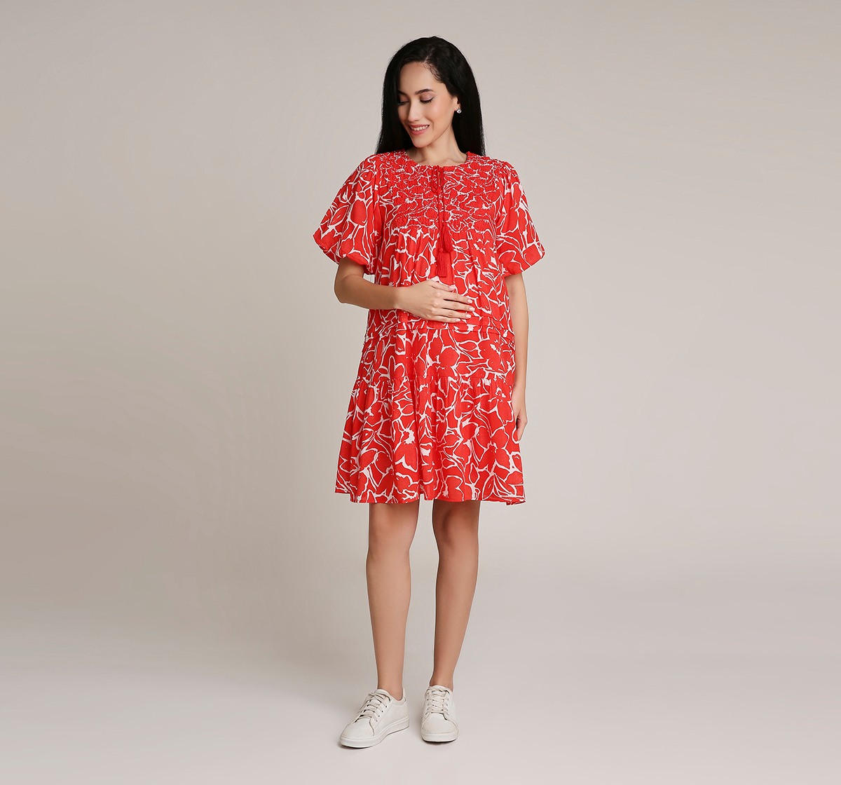 Ed-a-Mamma Maternity Printed Dress with Smocking details at Neck-All over print