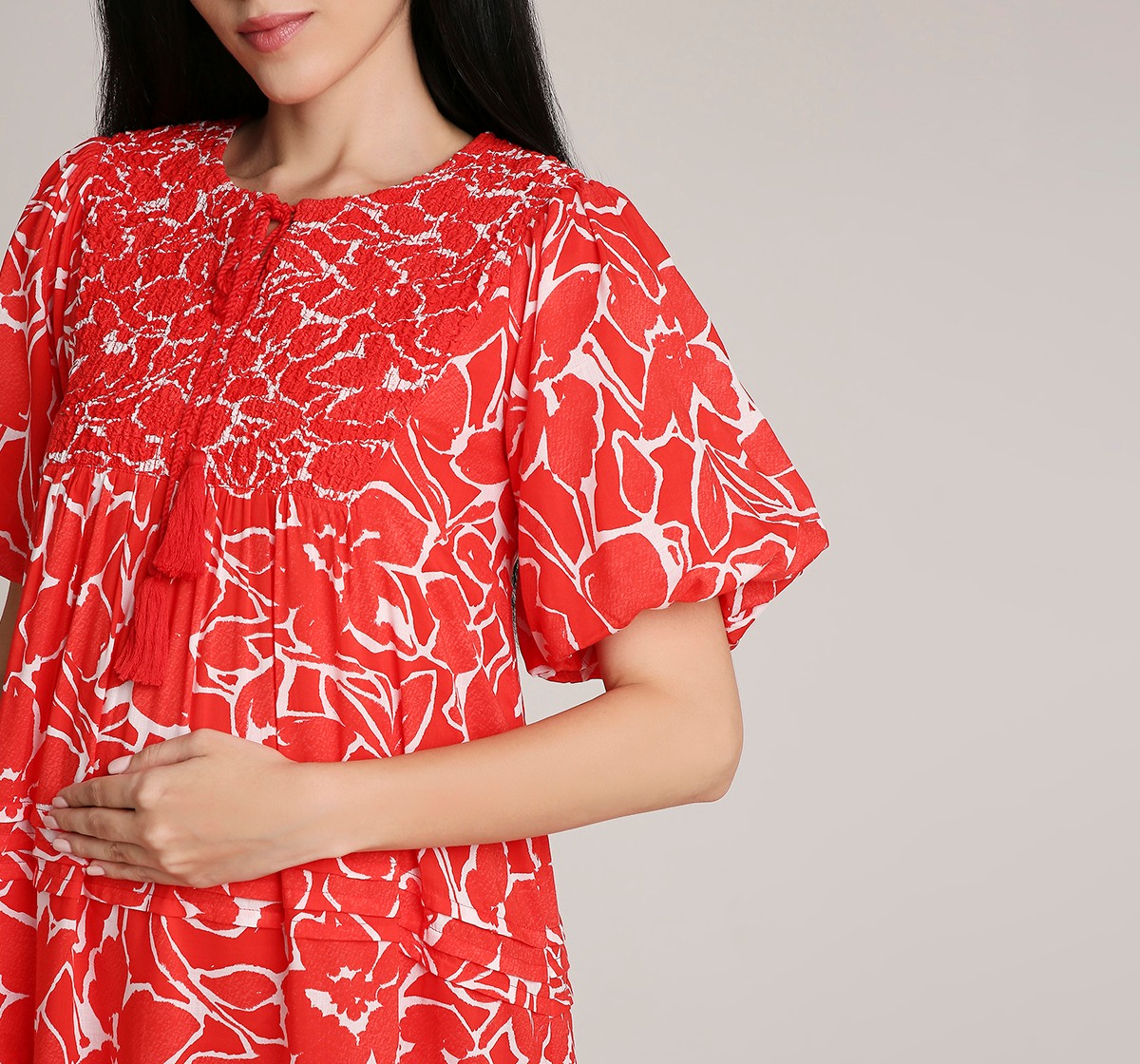 Ed-a-Mamma Maternity Printed Dress with Smocking details at Neck-All over print