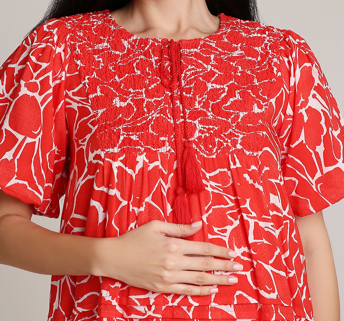 Ed-a-Mamma Maternity Printed Dress with Smocking details at Neck-All over print