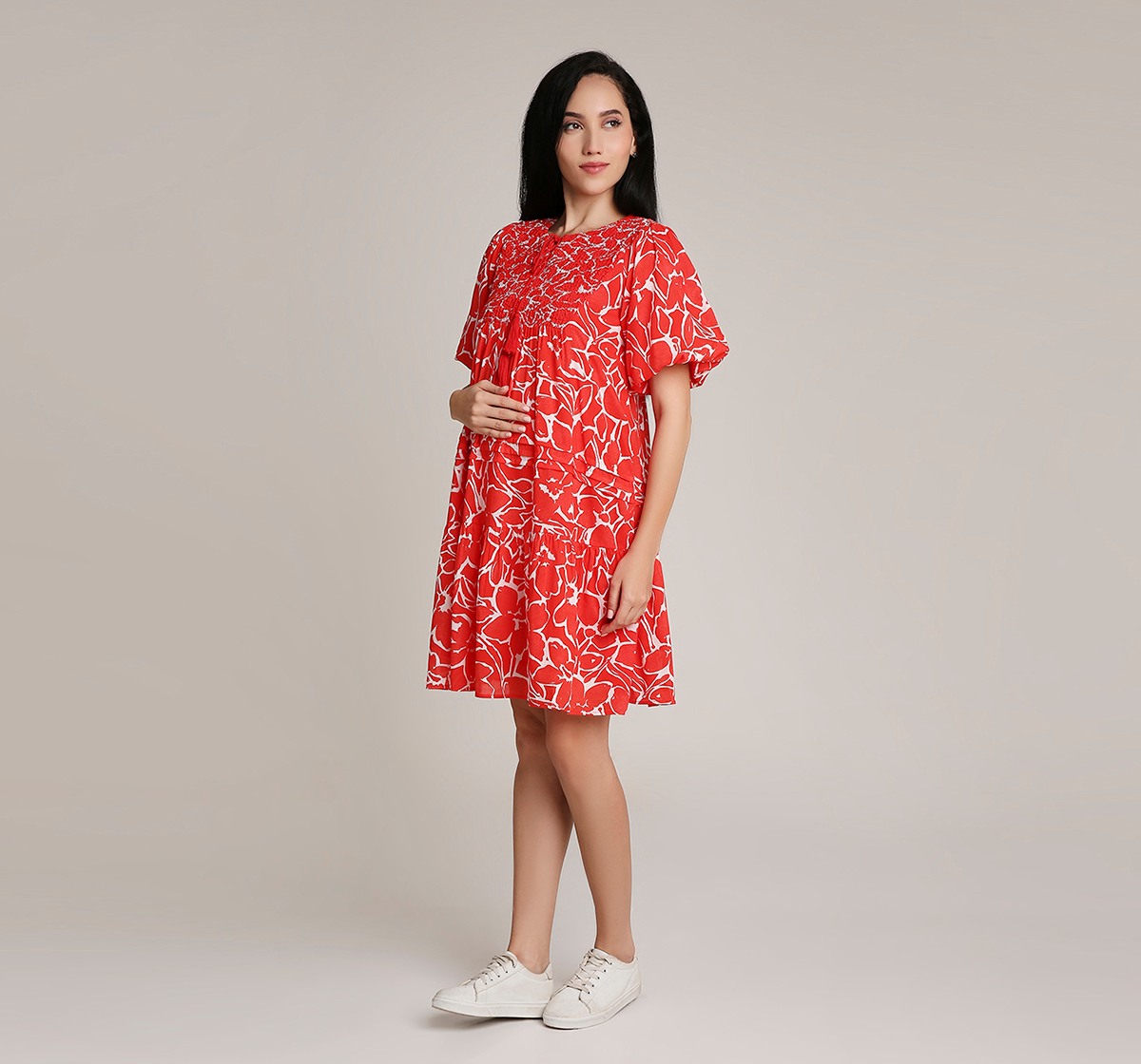 Ed-a-Mamma Maternity Printed Dress with Smocking details at Neck-All over print