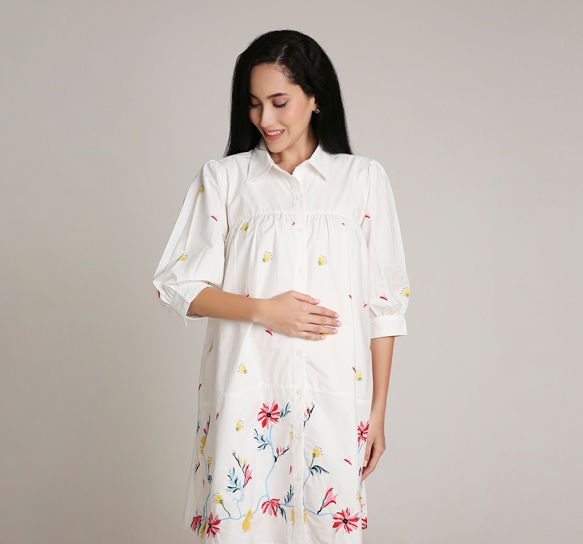 Ed-a-Mamma Floral Embroidered Maternity Dress - White