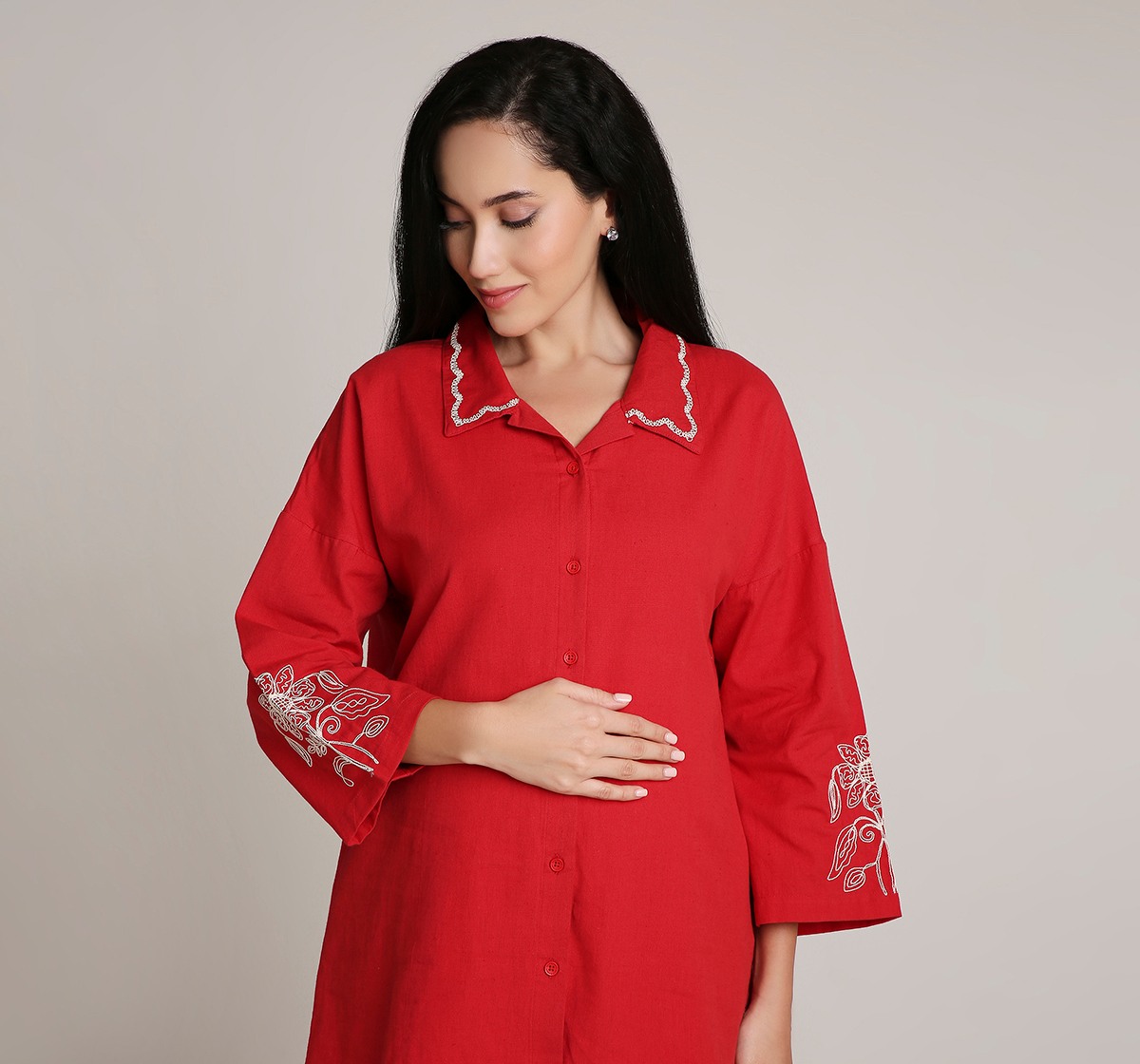 Ed-a-Mamma Embroidered Maternity Co-ord set with Embroidery - Red