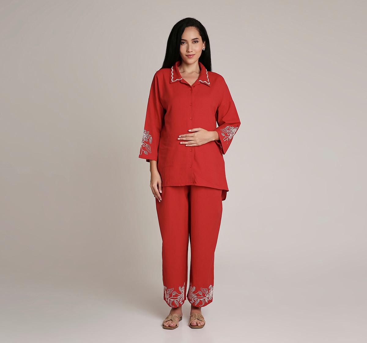 Ed-a-Mamma Embroidered Maternity Co-ord set with Embroidery - Red