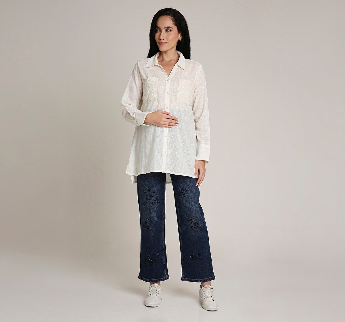 Ed-a-Mamma Maternity Shirt with embroidery detailing at pocket-White