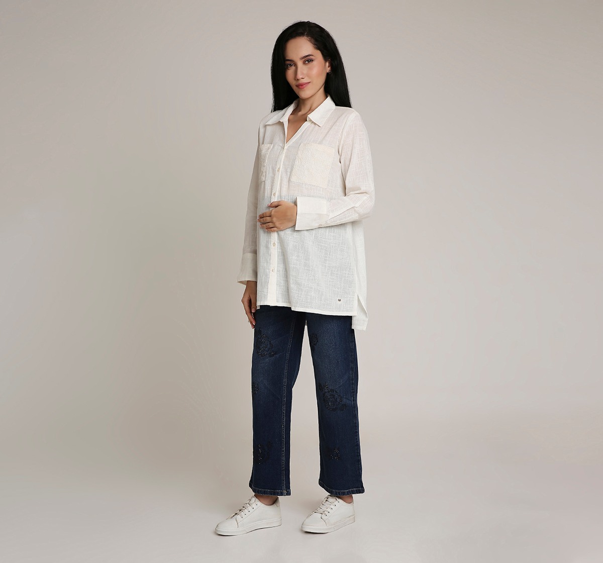 Ed-a-Mamma Maternity Shirt with embroidery detailing at pocket-White