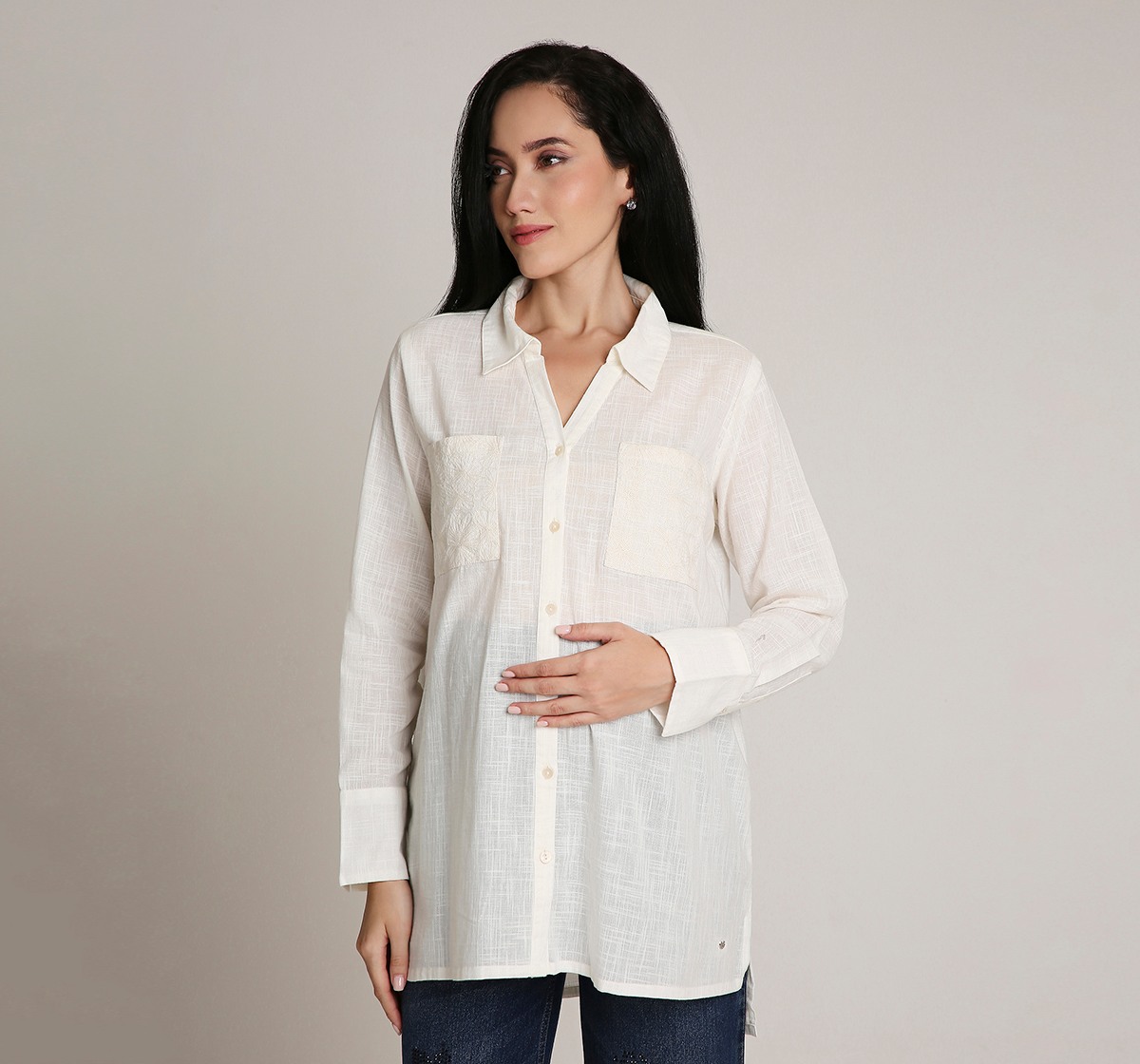 Ed-a-Mamma Maternity Shirt with embroidery detailing at pocket-White