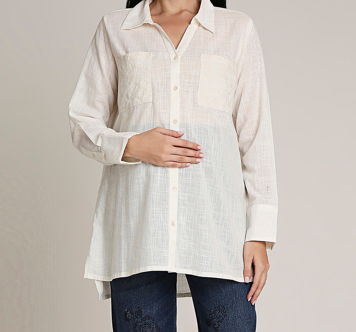 Ed-a-Mamma Maternity Shirt with embroidery detailing at pocket-White