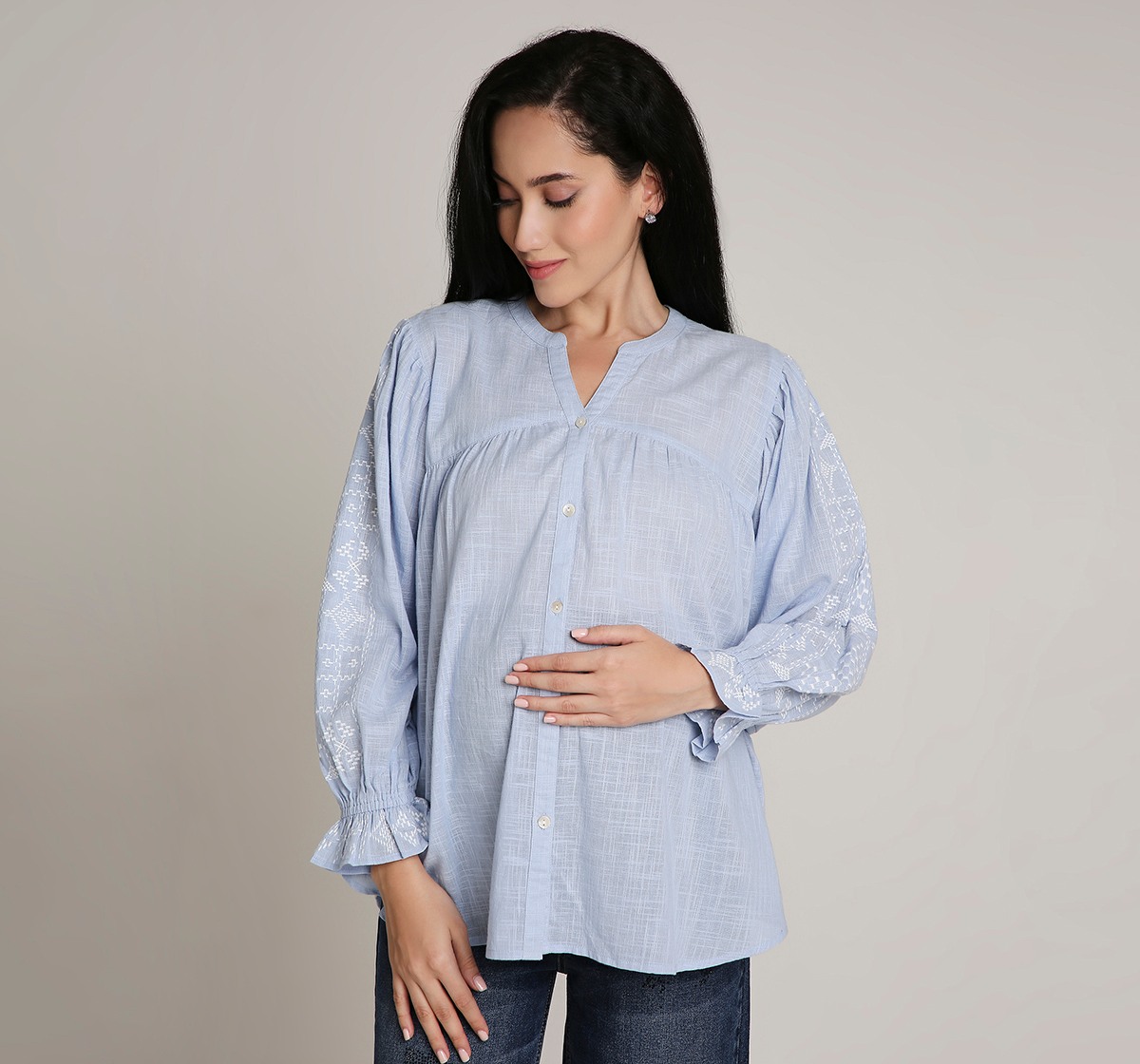 Ed-a-Mamma Maternity Top with Embroidery details on Sleeve-Blue