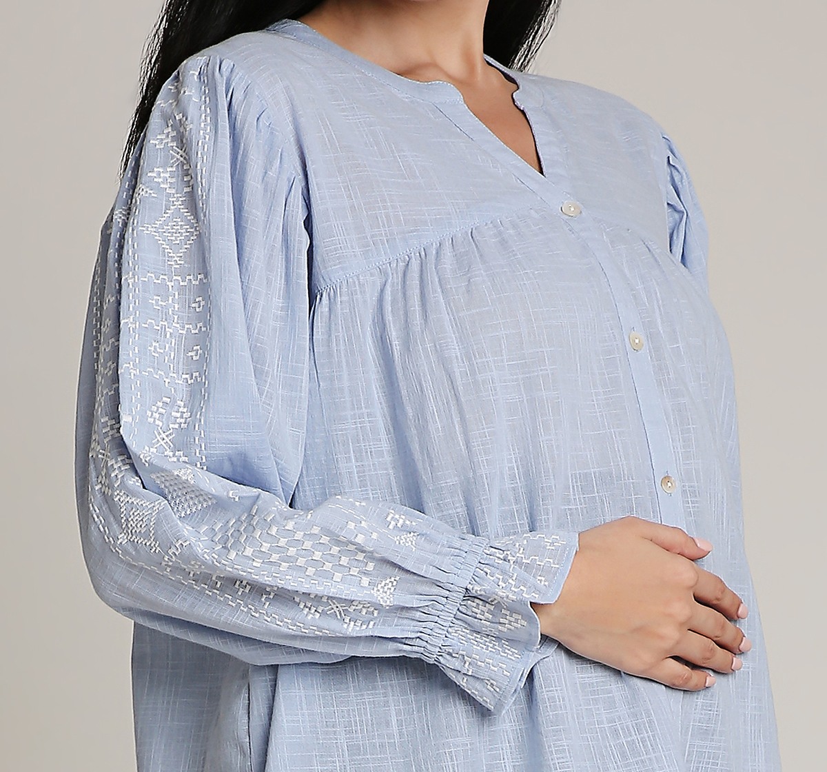 Ed-a-Mamma Maternity Top with Embroidery details on Sleeve-Blue