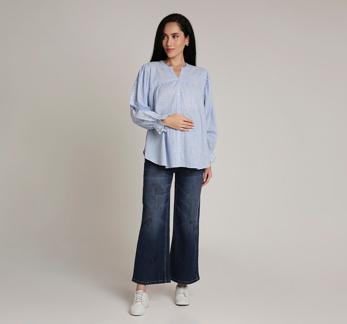Ed-a-Mamma Maternity Top with Embroidery details on Sleeve-Blue