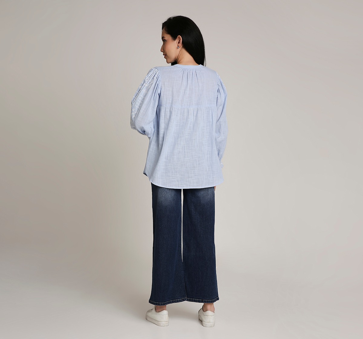 Ed-a-Mamma Maternity Top with Embroidery details on Sleeve-Blue