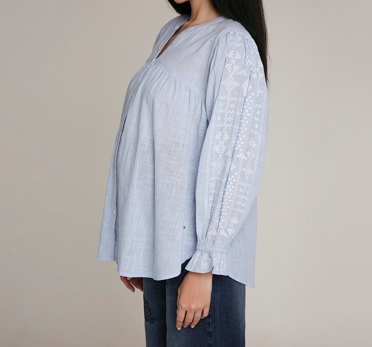 Ed-a-Mamma Maternity Top with Embroidery details on Sleeve-Blue