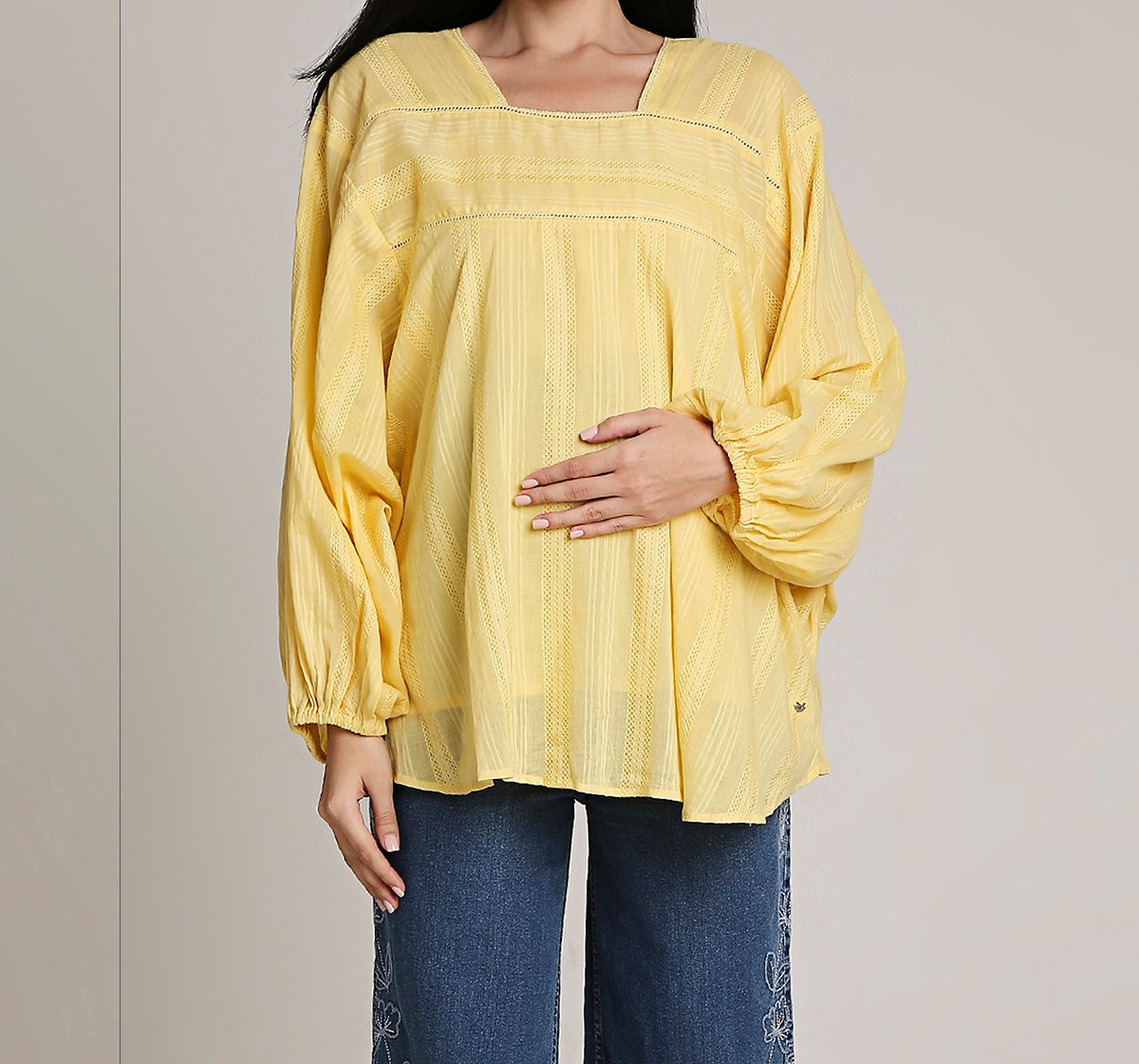 Ed-a-Mamma Maternity Shirt with allover schiffli embroidered-Yellow