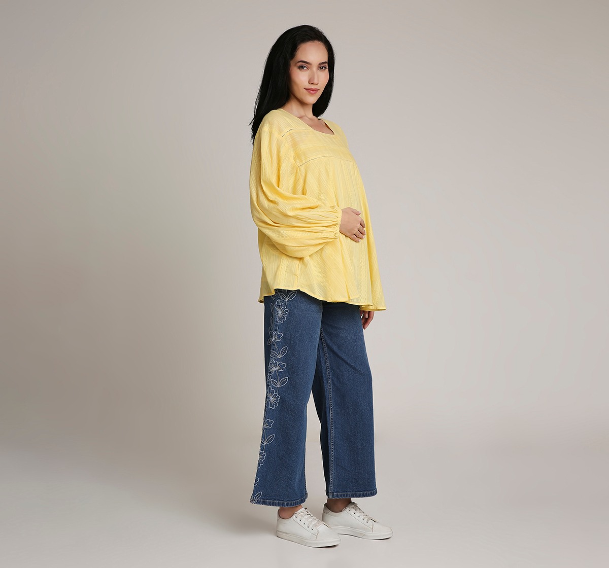 Ed-a-Mamma Maternity Shirt with allover schiffli embroidered-Yellow