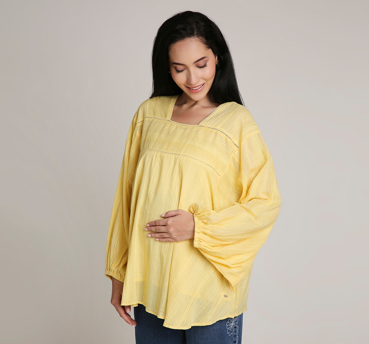 Ed-a-Mamma Maternity Shirt with allover schiffli embroidered-Yellow