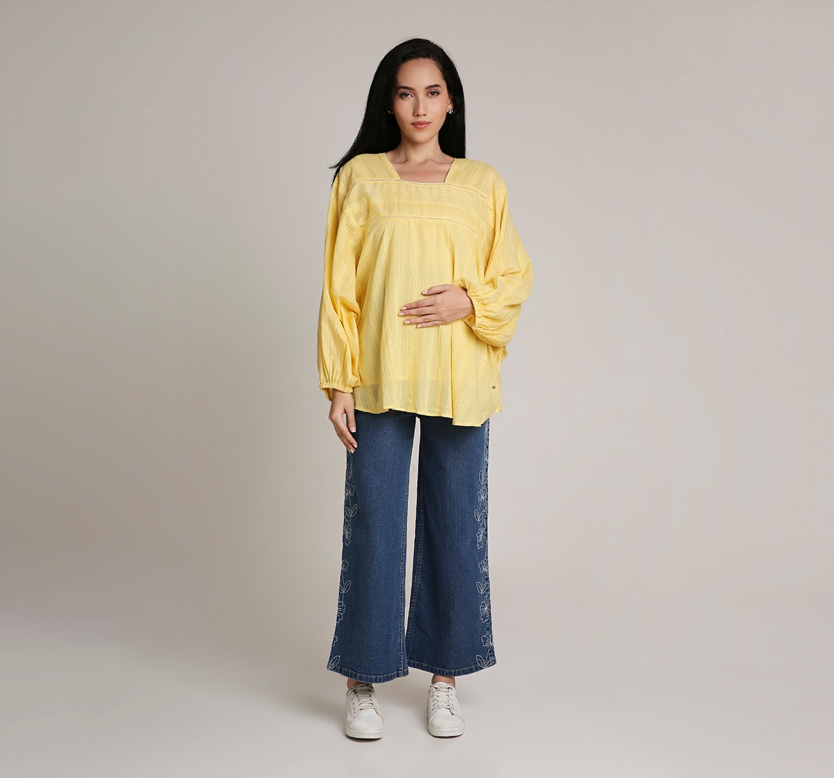 Ed-a-Mamma Maternity Shirt with allover schiffli embroidered-Yellow