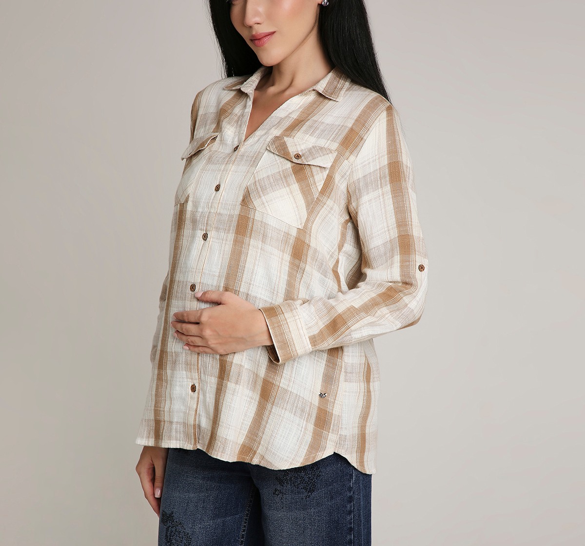 Ed-a-Mamma Maternity Checks Shirt-Beige