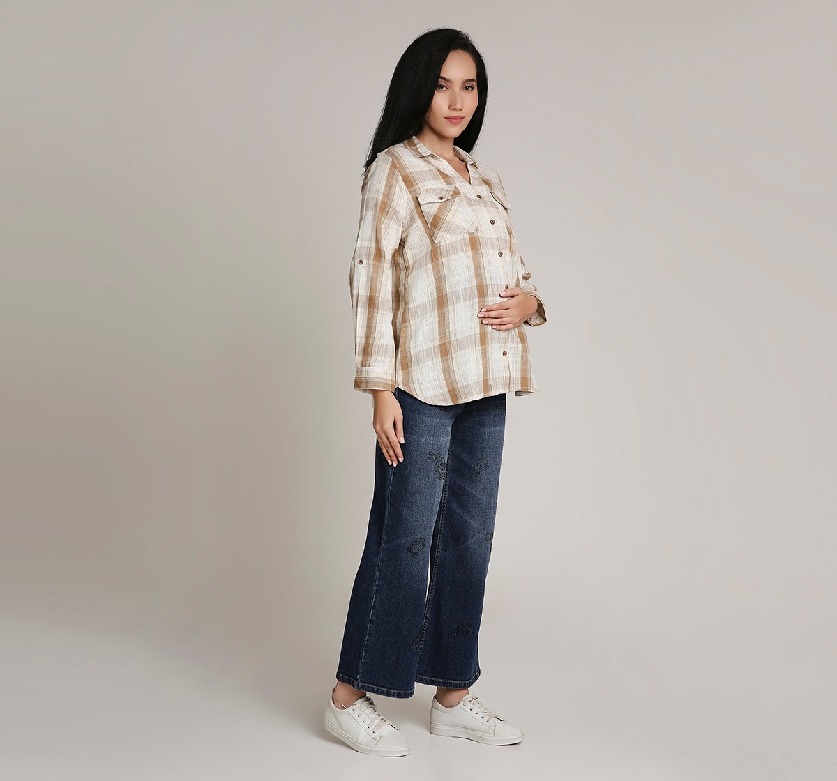 Ed-a-Mamma Maternity Checks Shirt-Beige