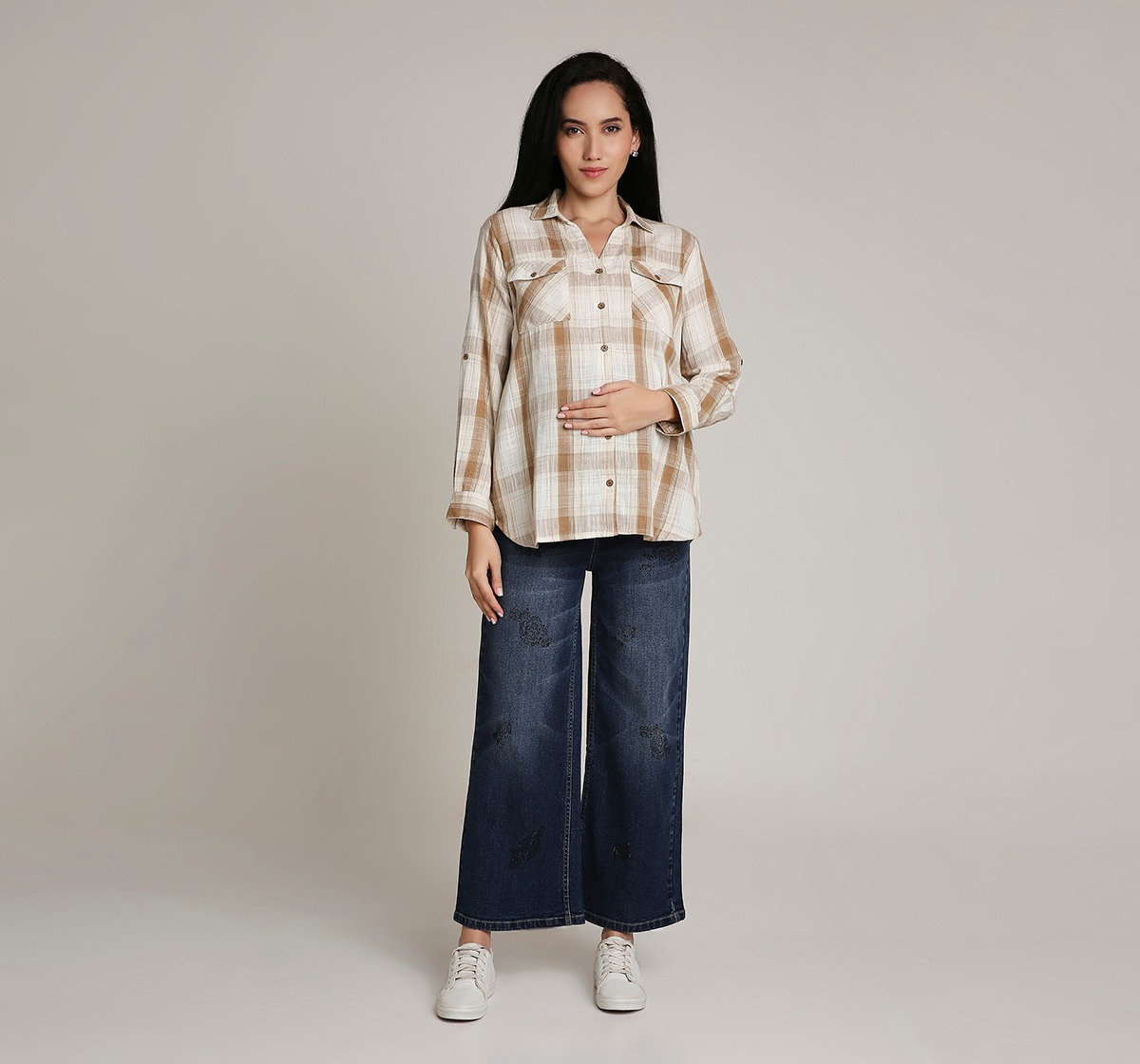 Ed-a-Mamma Maternity Checks Shirt-Beige